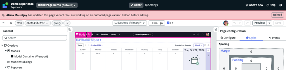 Red banner informing the user that the page has been updated and needs to be reloaded to view the latest version.