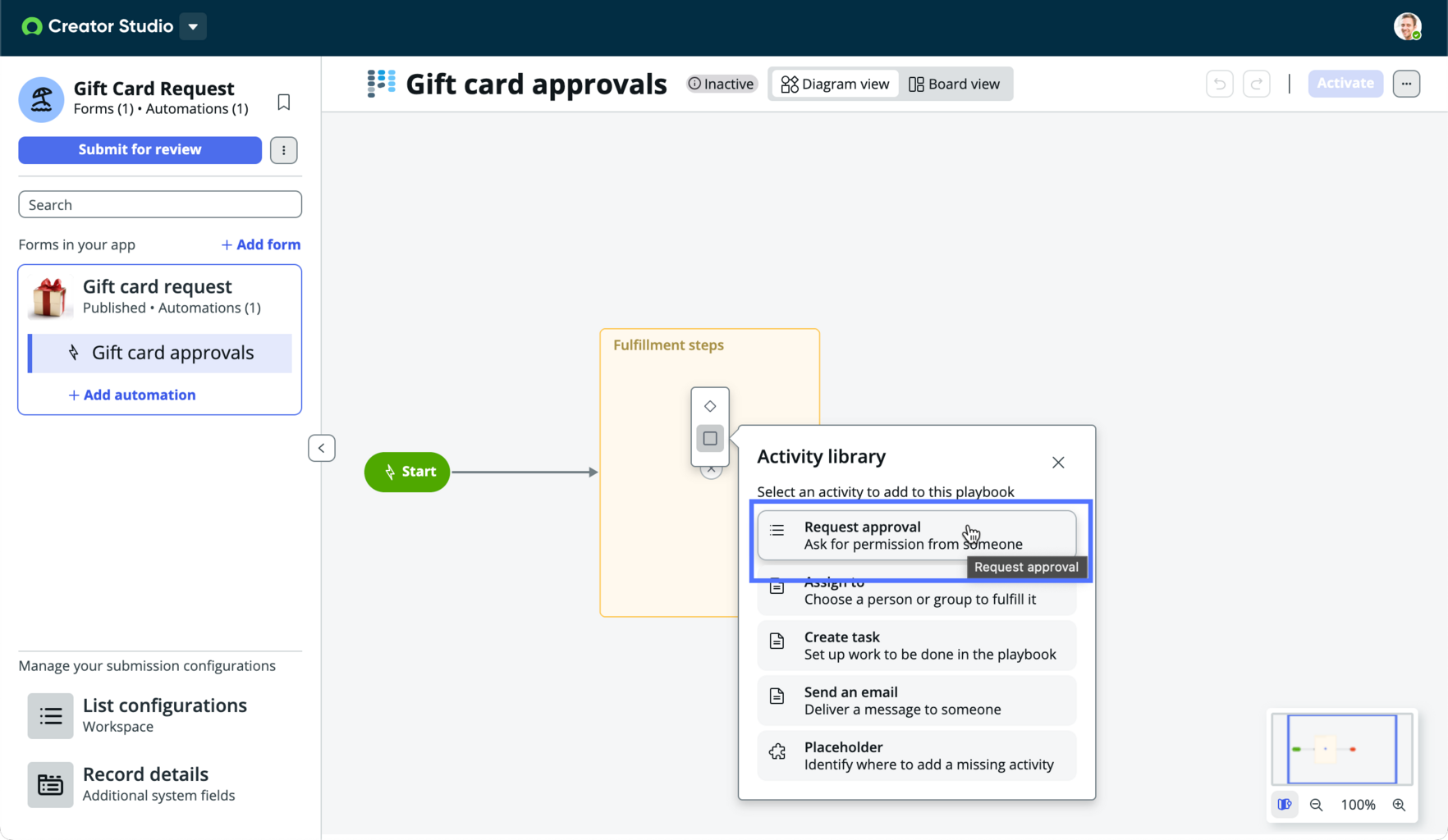 Select to add a Request approval activity