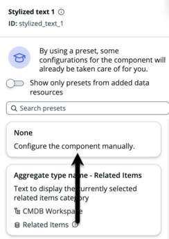 Stylized text configuration panel with black arrowing pointing to the None option.