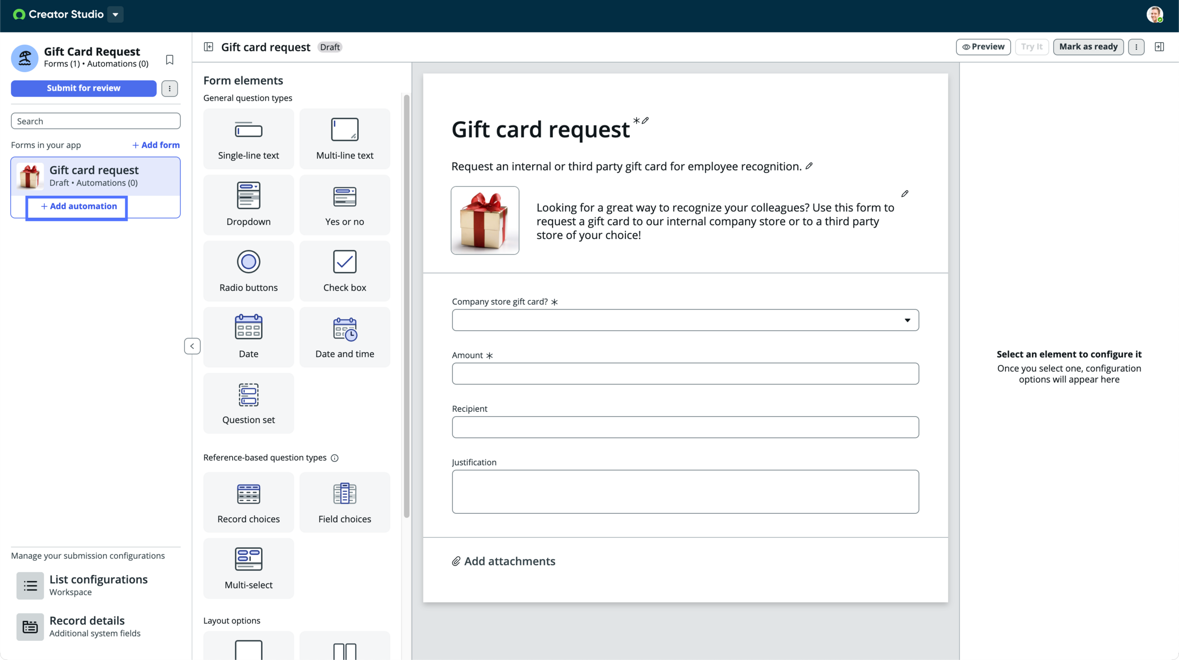 Select + Add automation under the form