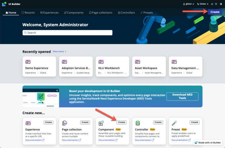 UI Builder home page with the Create component button.