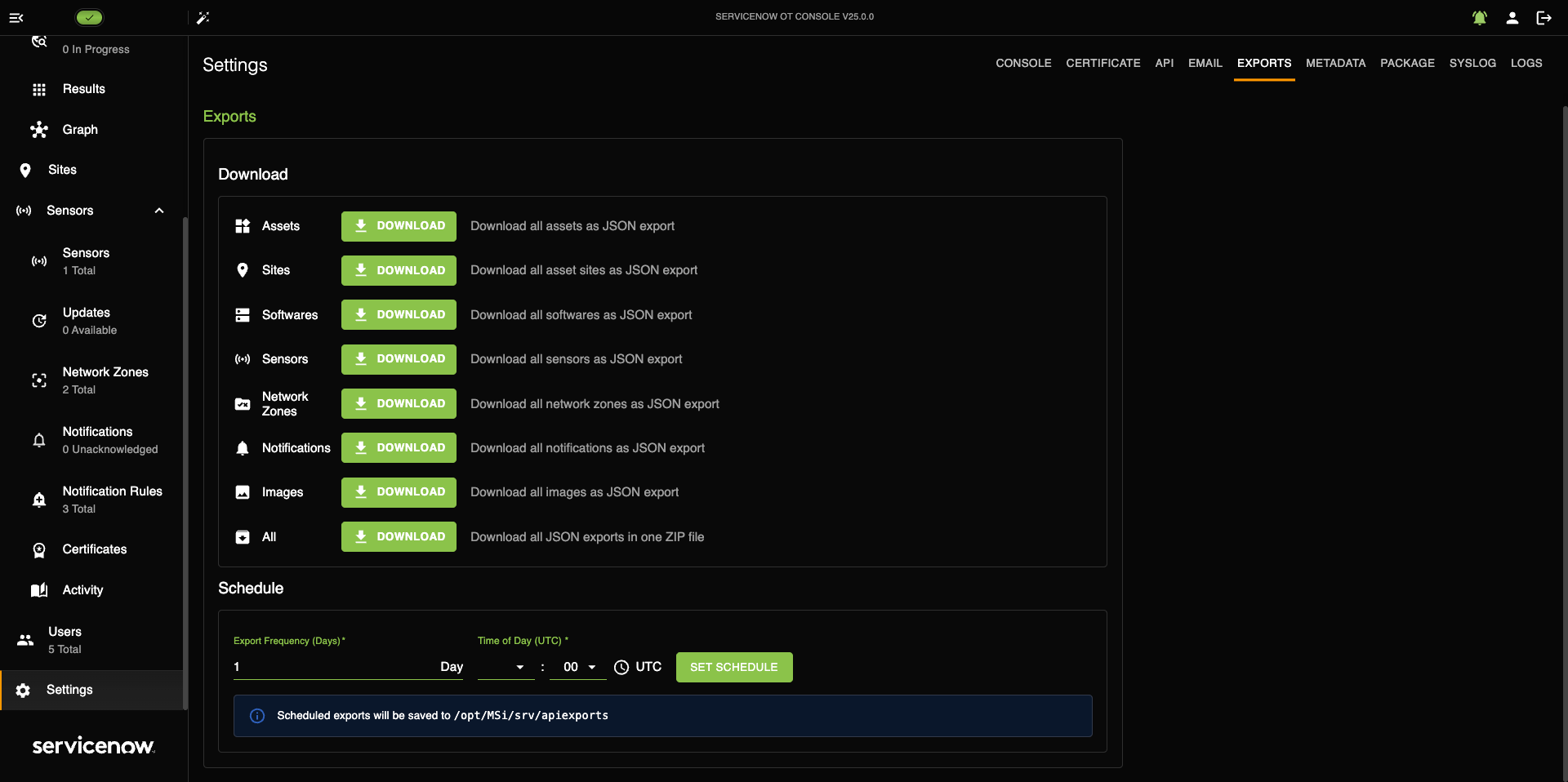 Settings > Export page