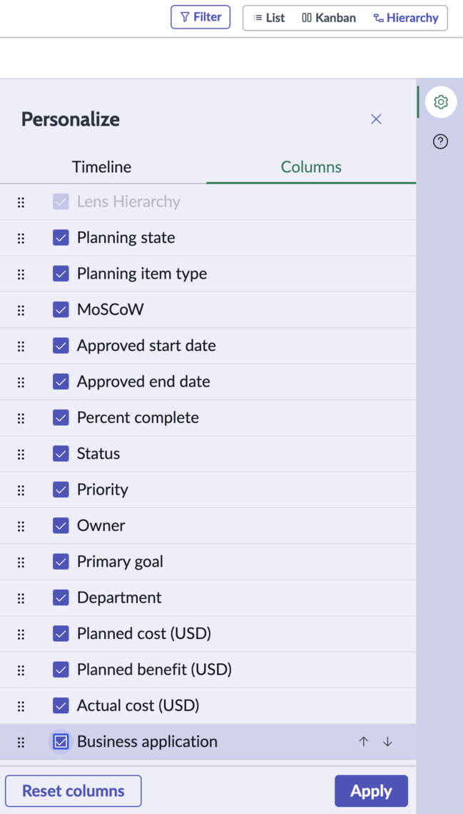 열 선택 항목을 보여주는 우선순위 지정 페이지에 있는 Strategic Planning 목록 뷰의 개인화 측면 패널.