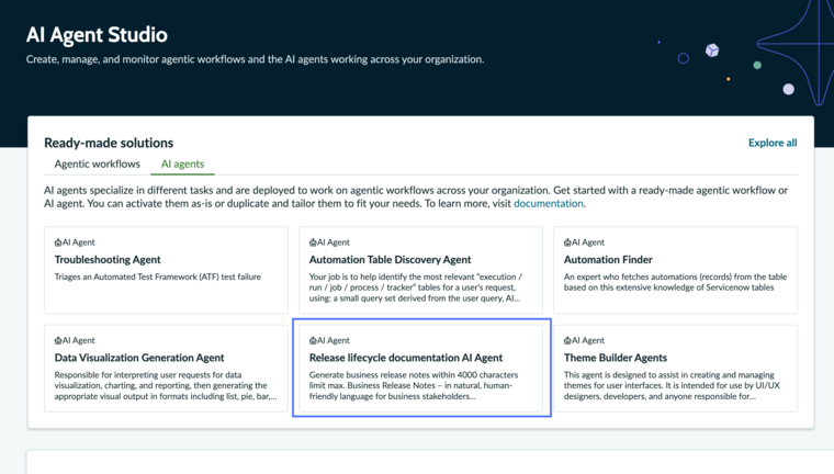 AI Agent Studio interface showing the release lifecycle documentation AI agent card highlighted with a blue border.