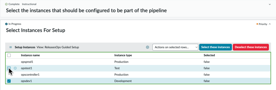 Select each instance that you want to participate in your ReleaseOps pipeline by selecting the check box next to the instance name.