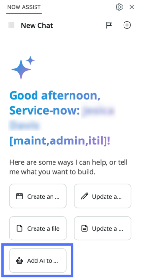 Now Assist chat panel with the Add AI to button highlighted.