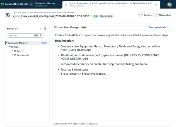 Checkpoint selection with Checkpoint 1 selected and a generated change log summary for an app.