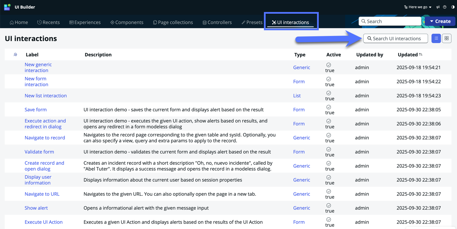 UI interactions list with search field highlighted.