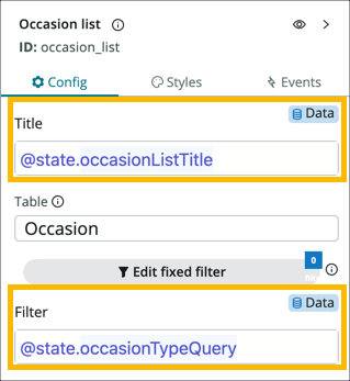 Configuration panel showing that client state parameters are now bound to the Title and Filter fields.