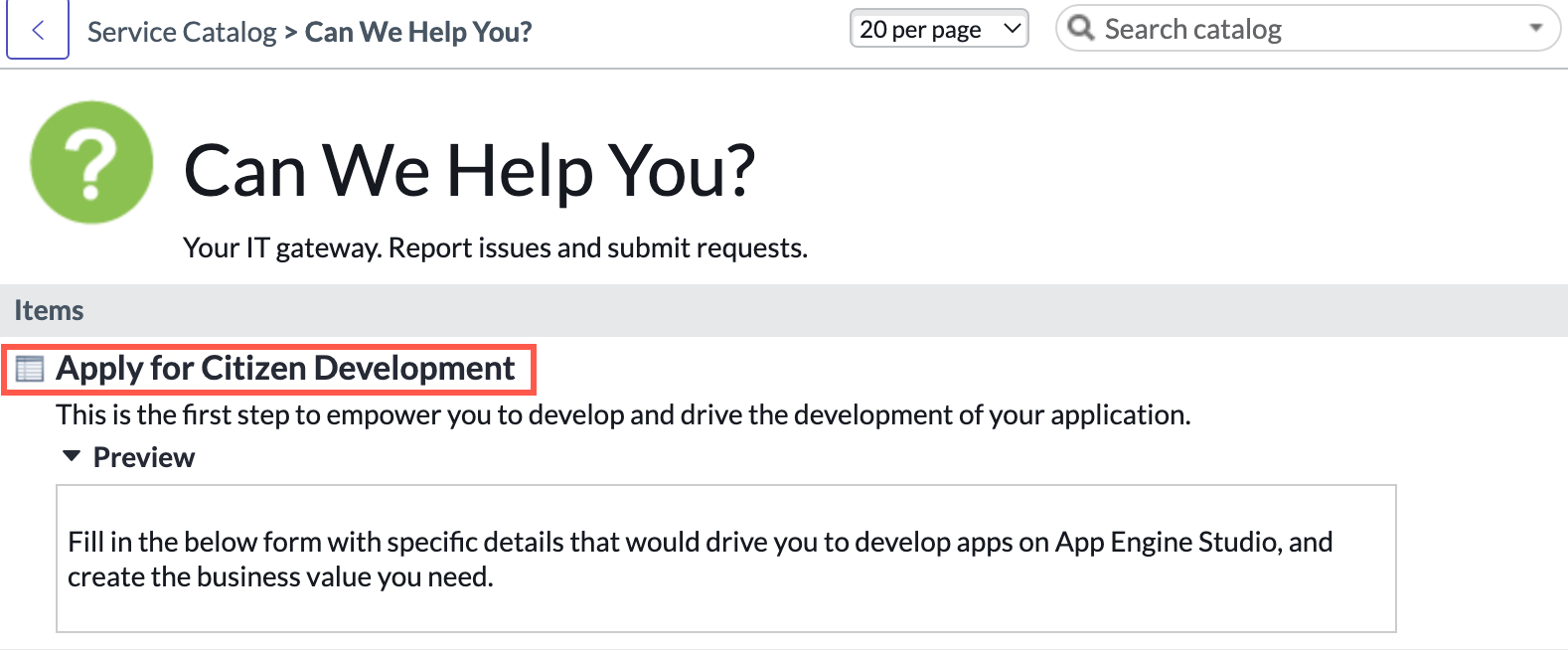 Apply for Citizen Development catalog item