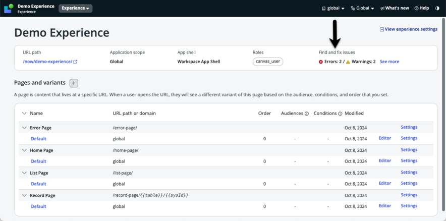 Arrow pointing the to the find and fix issues section of the UI Builder experience view.