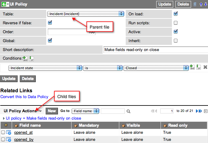 Relationships in a sample configuration record