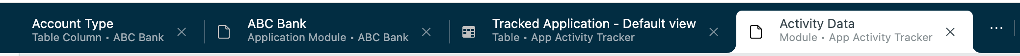 Each file opens in its own tab within ServiceNow Studio, showing the file type and application the file is in.