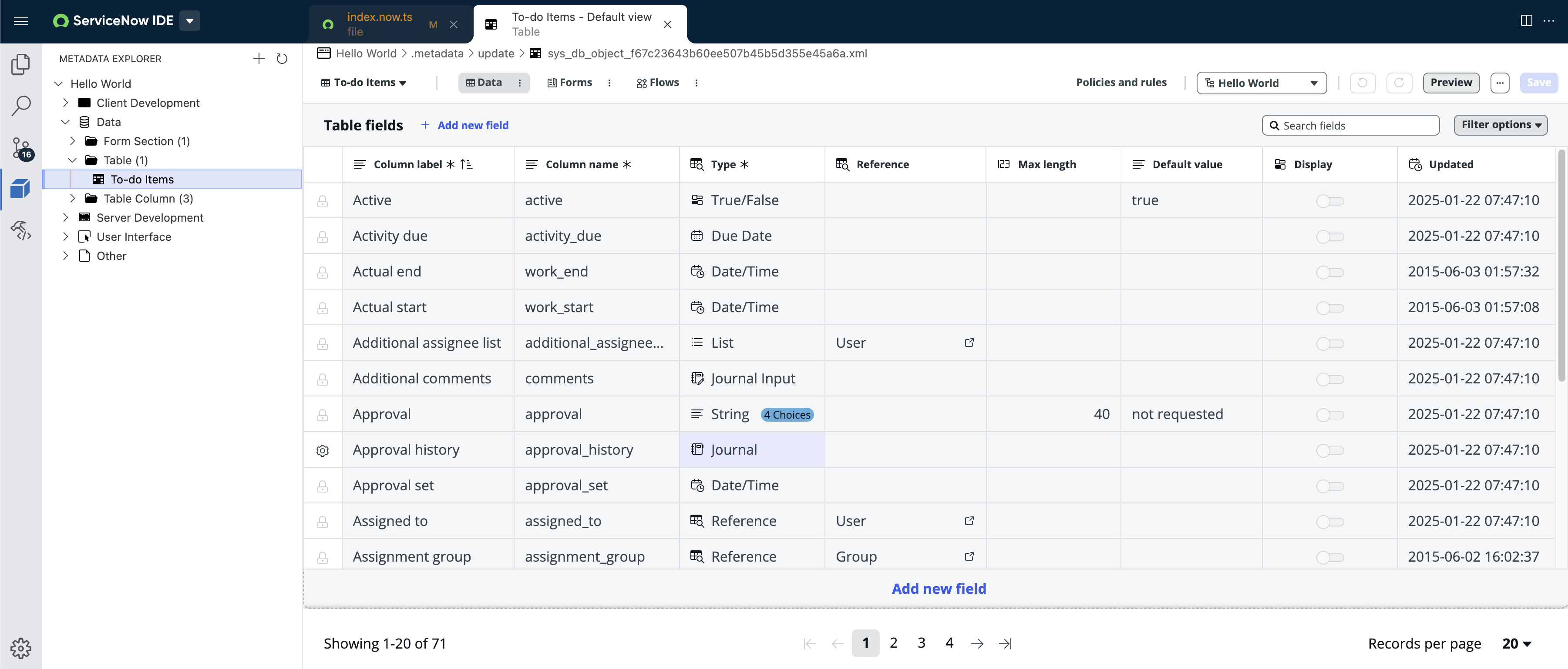 The To-do Items table in Table Builder accessed from the File Categories view in the ServiceNow IDE.