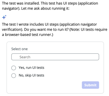 AI prompt asking whether to run UI tests, with options to select Yes or No and a Submit button.