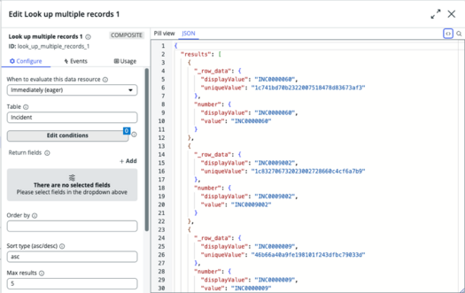 Data resource configuration with Incident table selected, "opened" and "short description" return fields added, max results set to 5.