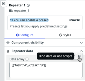 Configurational panel for repeater, with a cursor hovering over the bind data icon.
