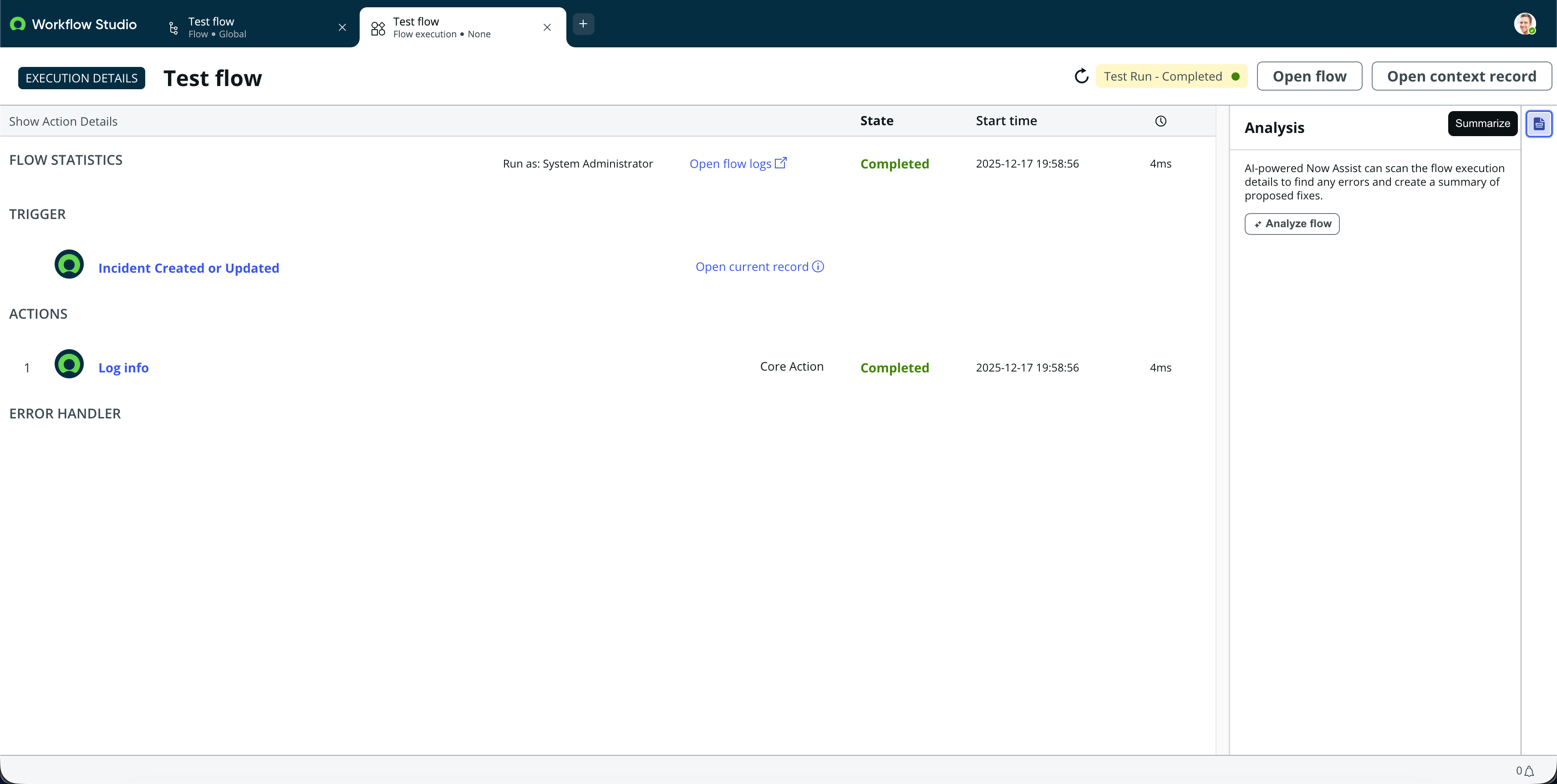 Flow execution analysis sidebar option.