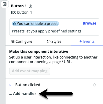 Arrow pointing to the add event handler option for the button component.