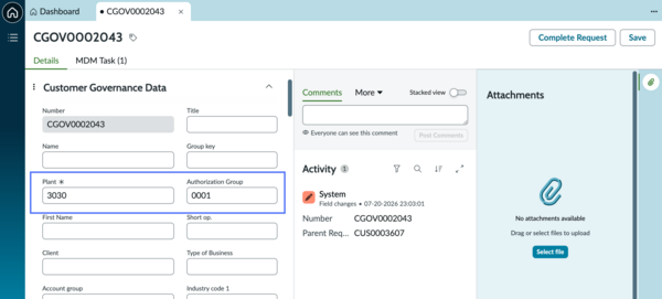 Single record with fields for governance user to add information.