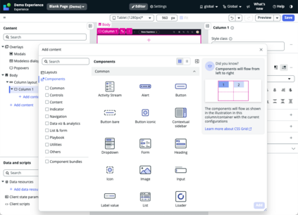 Add content icon selected on the stage showing the toolbox window with Components tab selected.