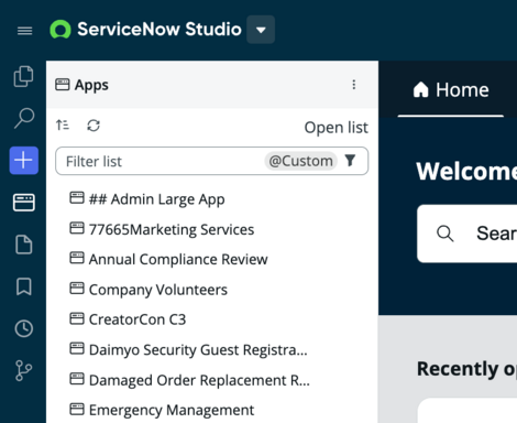 The Navigator panel shows a list of applications in ServiceNow Studio.