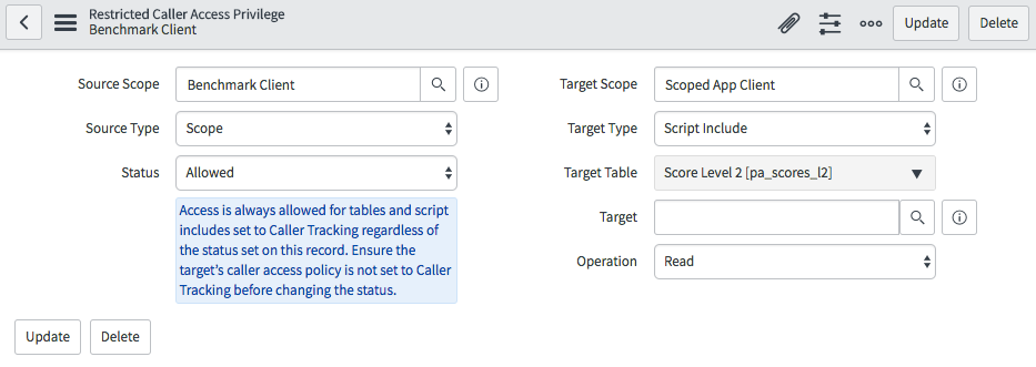 Restricted caller access scope to target setting