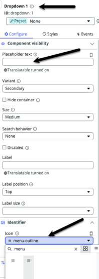 Dropdown component configure options.