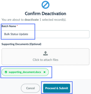 Confirmation record with batch name specified and one supporting document attached.
