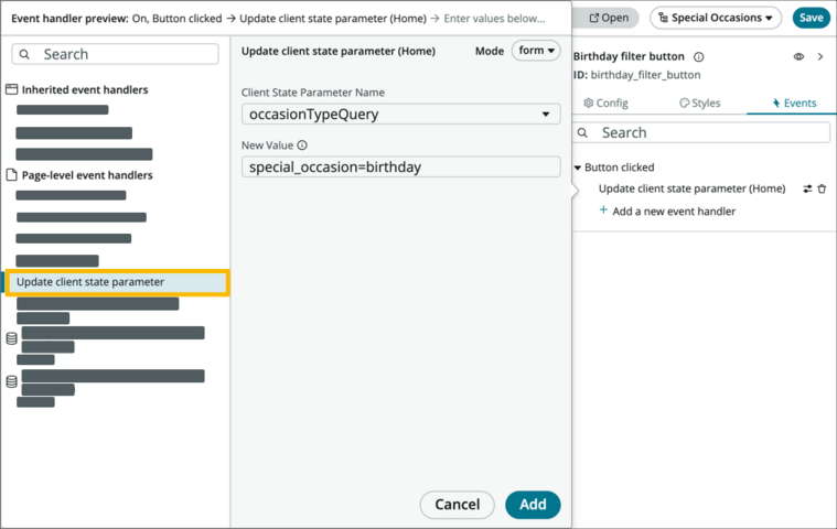 Update client state parameter highlighted in the event handler selection screen.