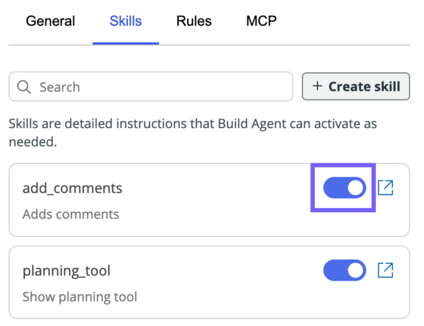Skills tab showing the toggle enabled for the add_comments skill, highlighted with a purple box.