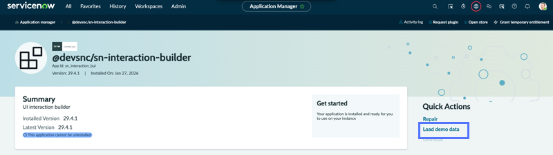 Application Manager page for devsnc/sn‑interaction‑builder with Load demo data.