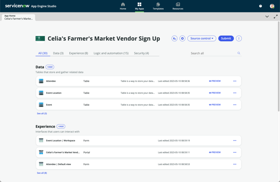 The app home page displays app elements, such as data tables and end-user forms.