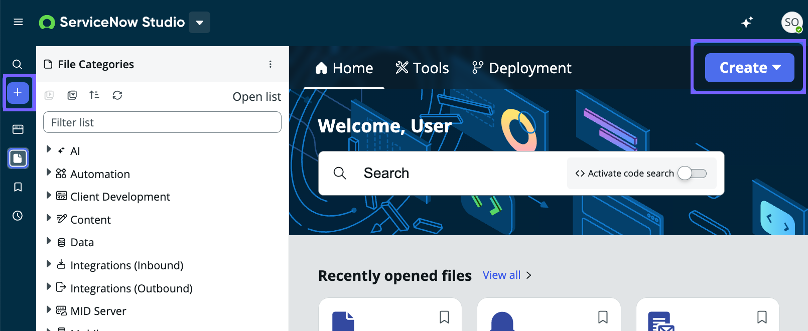 There are two create buttons, one on either side of the screen. Select either Create button to start developing an app.