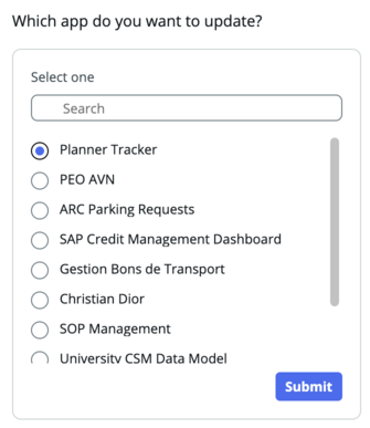 App selection dialog with Planner Tracker selected from a list of available apps