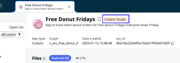The app details page shows badges for AI, Creator Studio, and Fluent to let you know where the app was created and may need to be deployed.