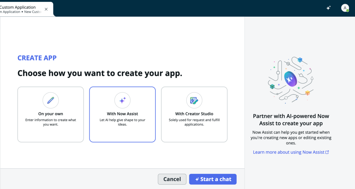Use Now Assist to help you create an app, accessible from the home page menu bar or the New Custom Application workflow.