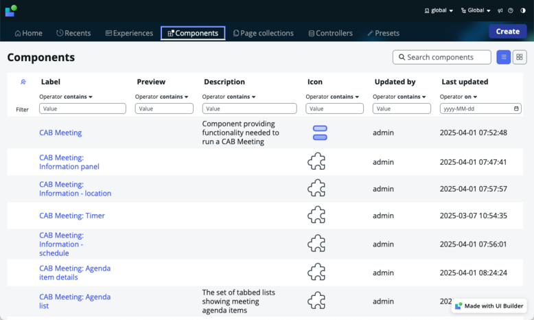 UI Builder homepage displaying the components tab.
