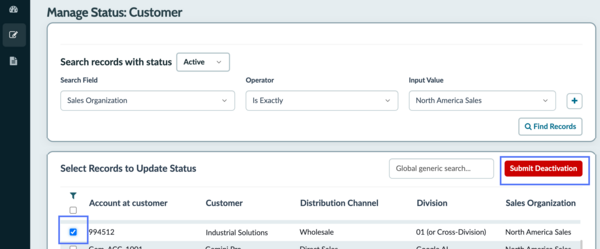 Record list filtered to show active records with a sales organization of north american sales and one record selected.