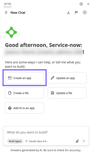 OTTO New Chat screen showing five quick-action buttons: Create an app, Update an app, Create a file, Update a file, and Add AI to an app.