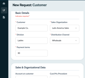 New customer request form filled in with information including customer name, division, and payment terms.
