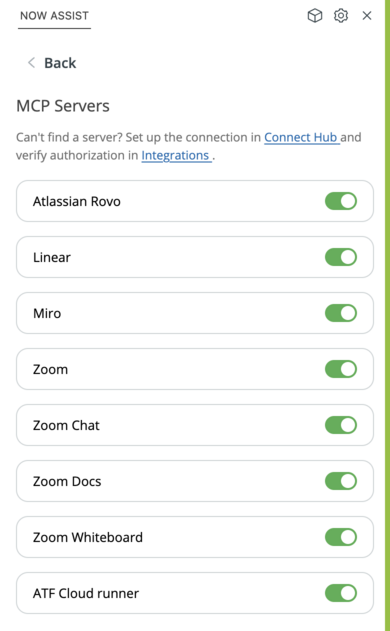 Build Agent panel showing MCP servers, all with toggles enabled.