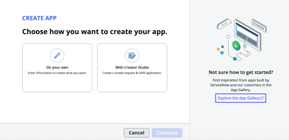 Explore the App Gallery in ServiceNow Studio to find examples of completed applications.