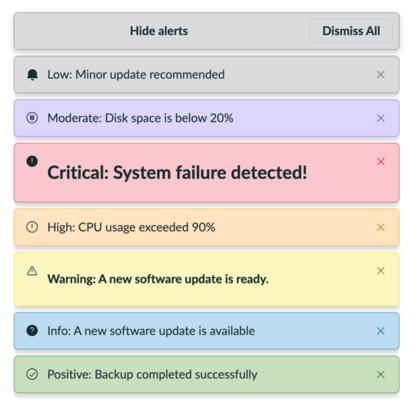 A series of different types of alerts.