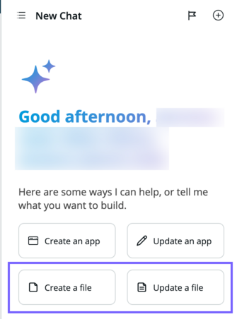 Use the Create a file and Update a file options to get started adding files to your application.