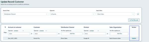 Update customer record list with action column highlighted.
