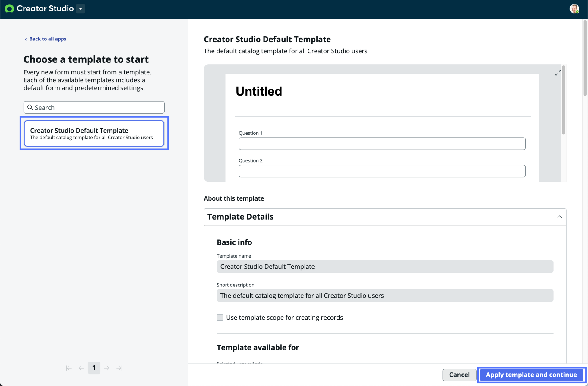 Select the default template and then select Apply