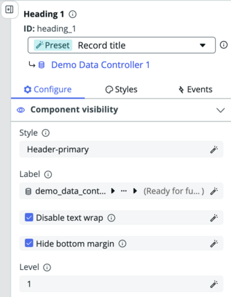 Configuration options for a button component, including style, label, disabling text wrap, and hiding the bottom margin.