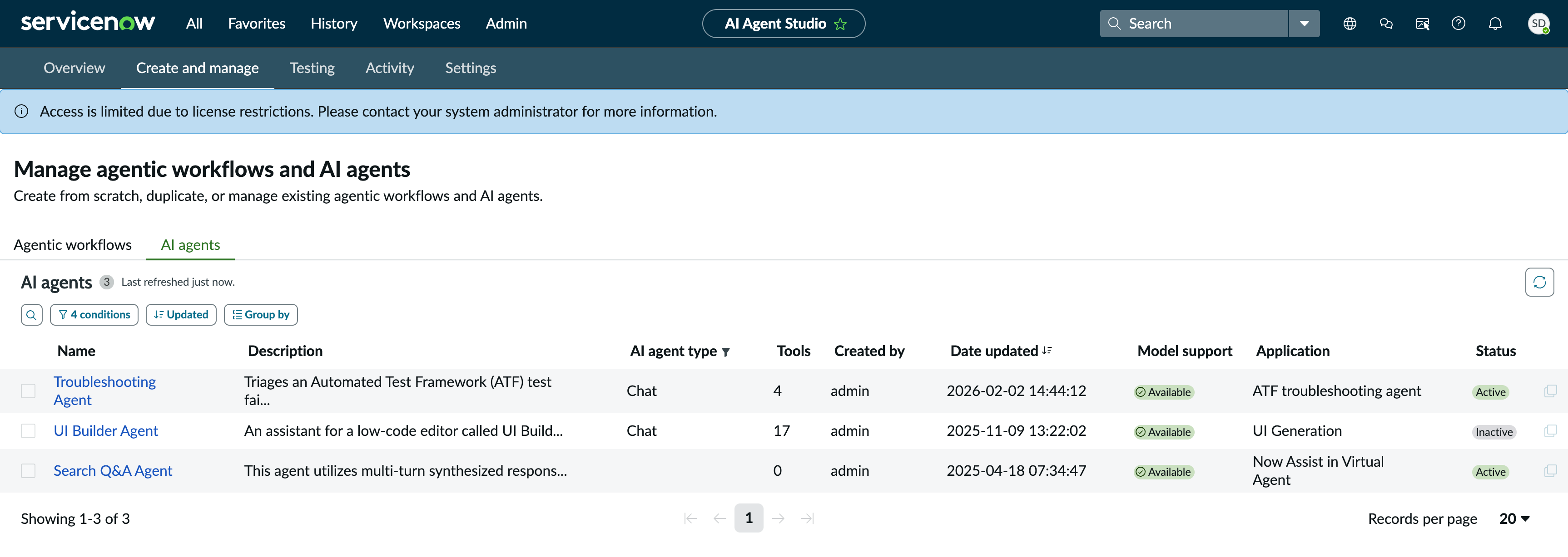 Now Assist for Creator AI agents in AI Agent Studio, where you can activate and manage AI agents.