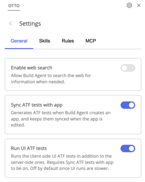Settings panel General tab showing Enable web search toggled off, and Sync ATF tests with app and Run UI ATF tests toggled on.